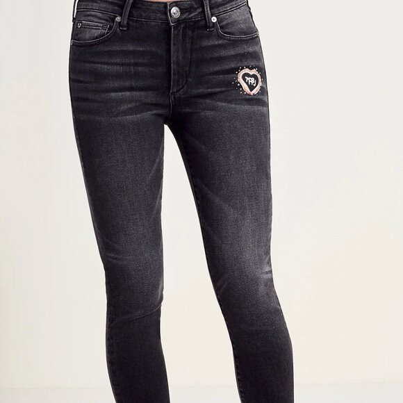 True Religion Women's Halle Mid Rise Super Skinny Patched Jeans 31 Peace Sign - Picture 2 of 16